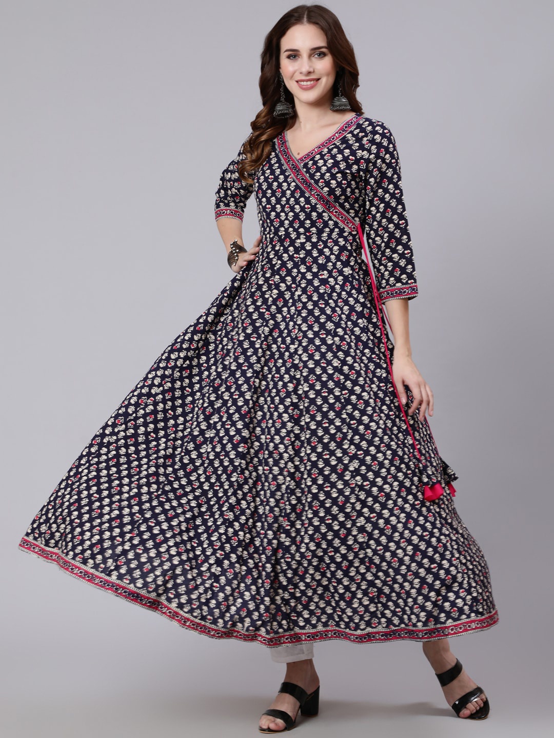 

GULMOHAR JAIPUR Ethnic Motifs Printed Cotton Angrakha A-Line Kurta, Blue