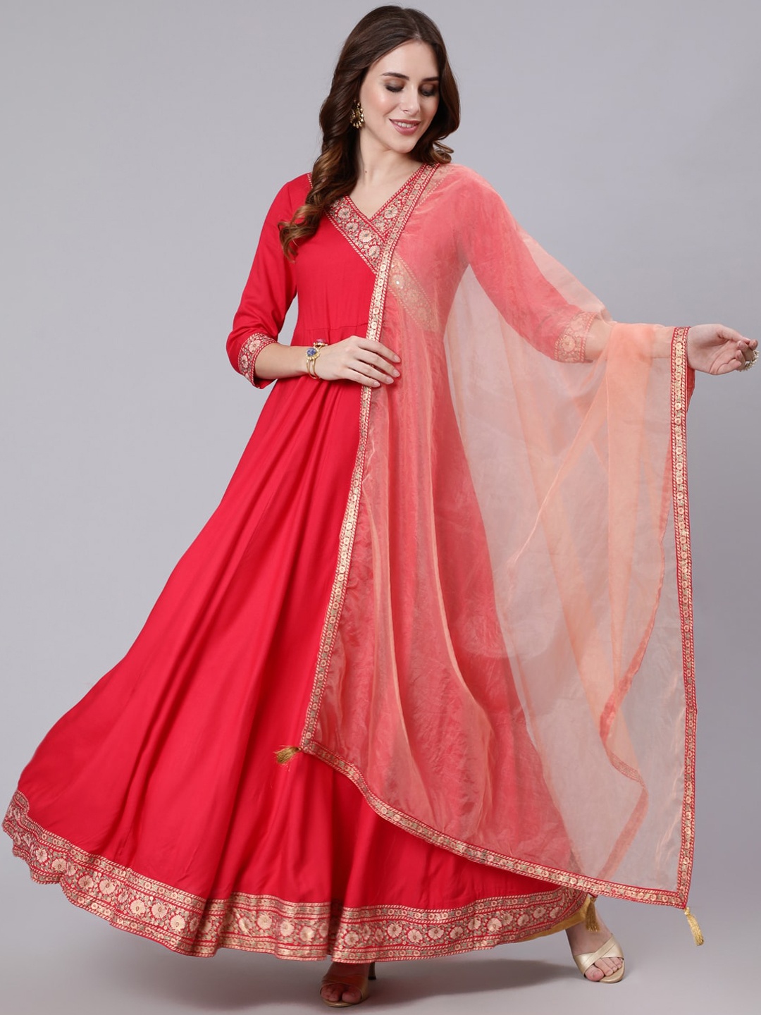 

GULMOHAR JAIPUR V Neck Anarkali Kurta, Coral