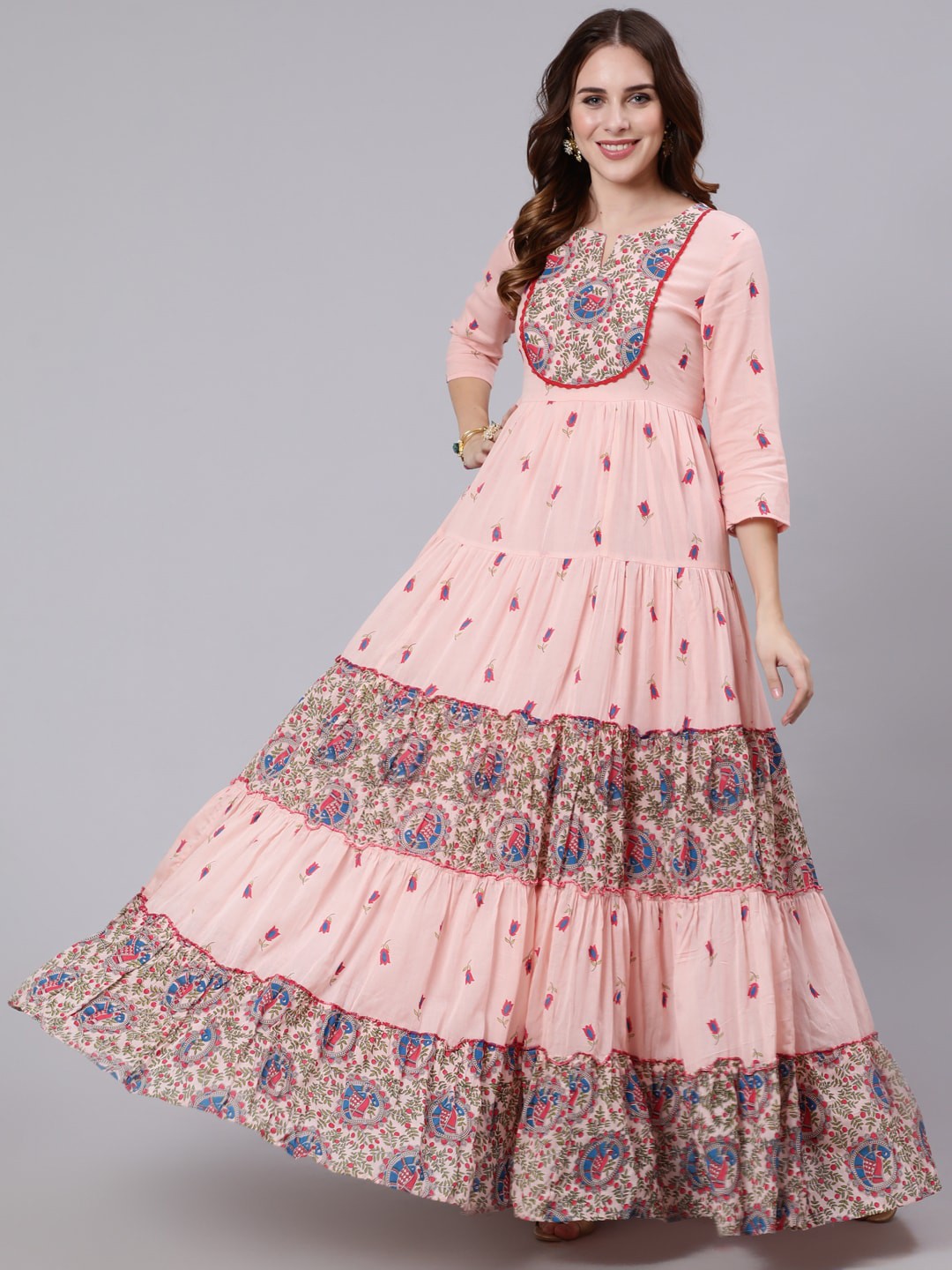 

GULMOHAR JAIPUR Ethnic Motifs Printed Round Neck Anarkali Kurta, Pink