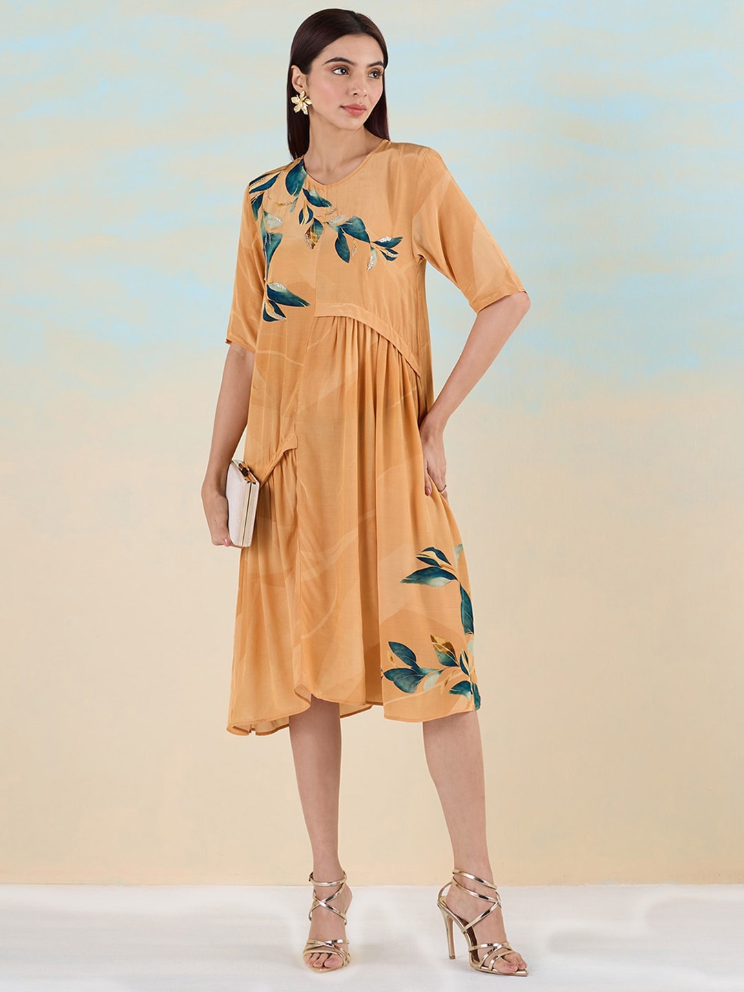 

navyasa by liva Floral Printed V-Neck A-Line Midi Dress, Brown