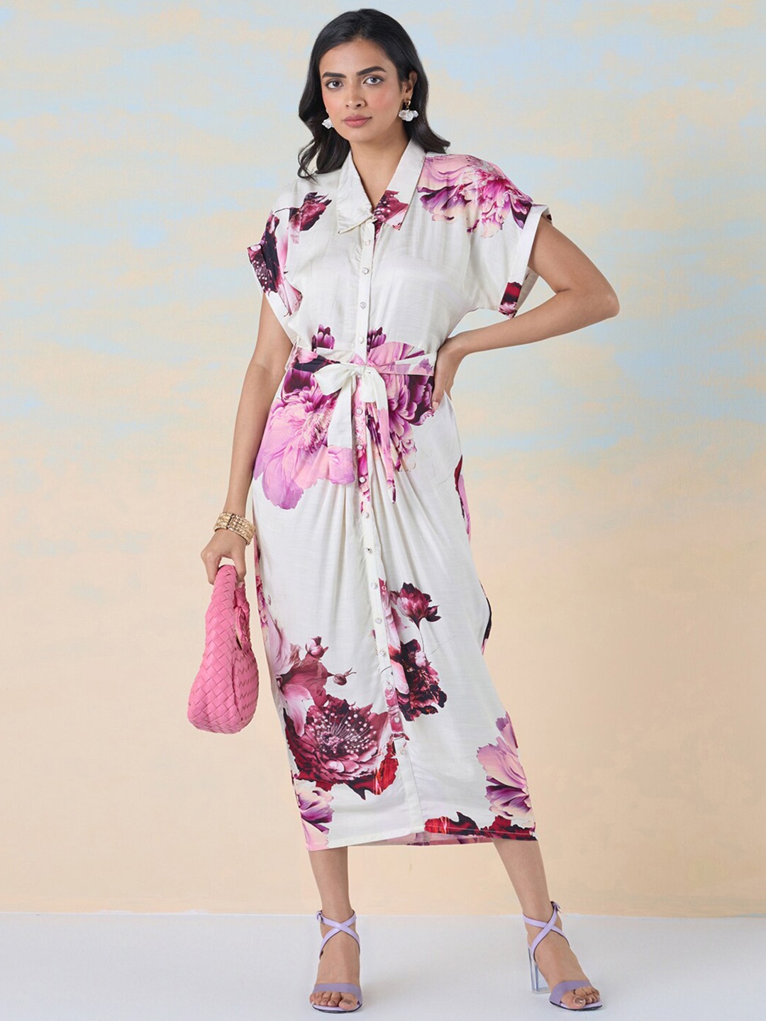 

navyasa by liva Floral Print Shirt Tie-Ups Liva Satin Shirt Midi Dress, Pink