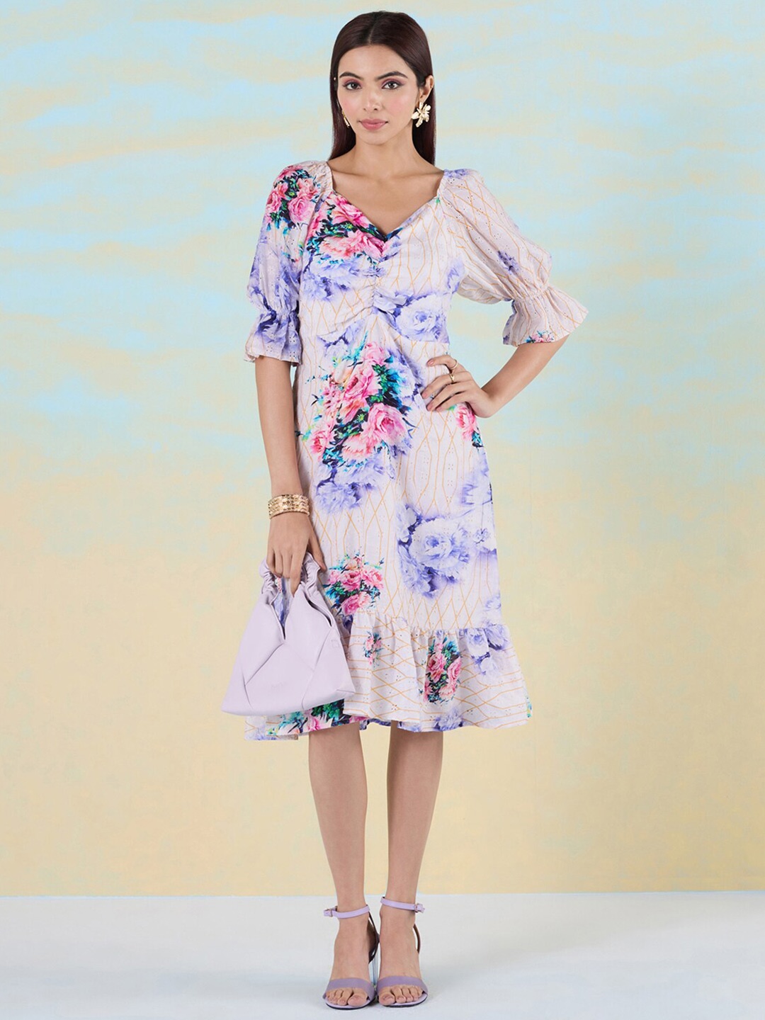 

navyasa by liva Floral Printed Sweetheart Neck Puff Sleeves A-Line Dress, Off white
