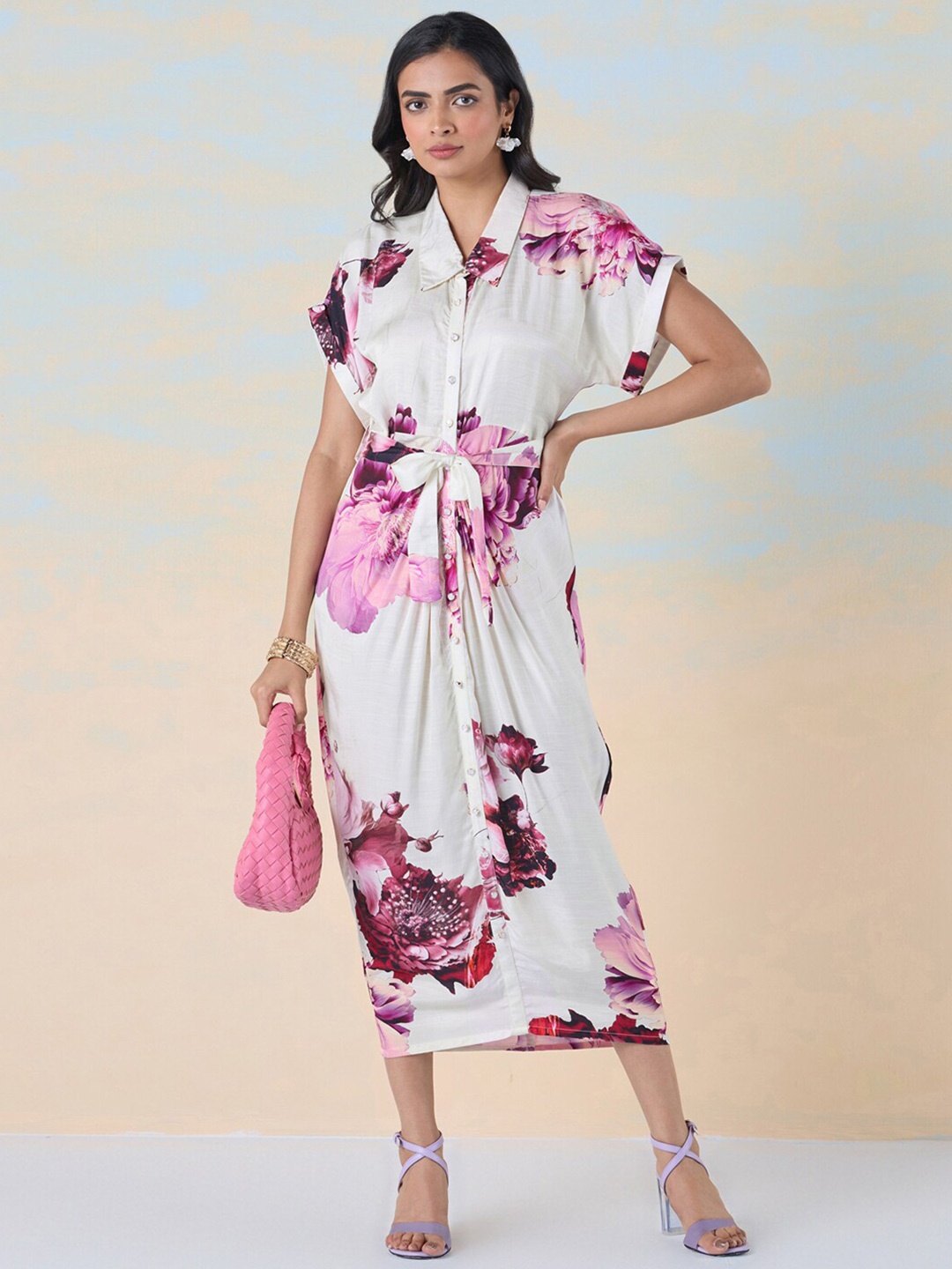 

navyasa by liva Floral Printed Liva Satin Shirt Midi Dress With Belt, White