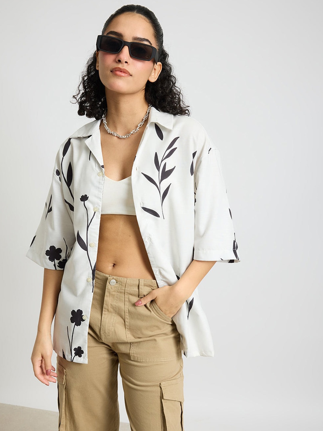 

FREAKINS Opaque Floral Printed Casual Shirt, White