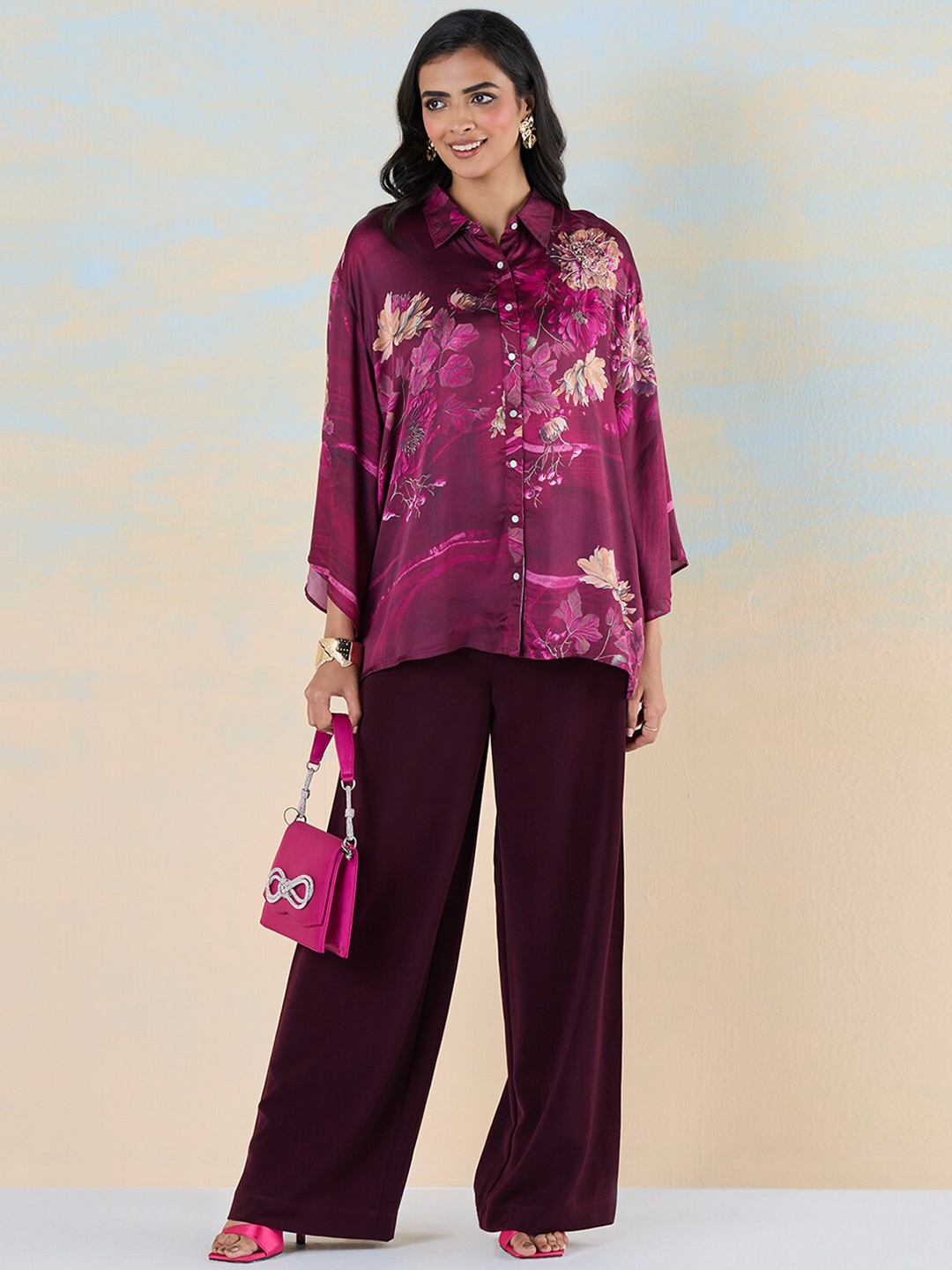 

navyasa by liva Floral Print Kimono Sleeve Liva Shirt Style Top, Maroon