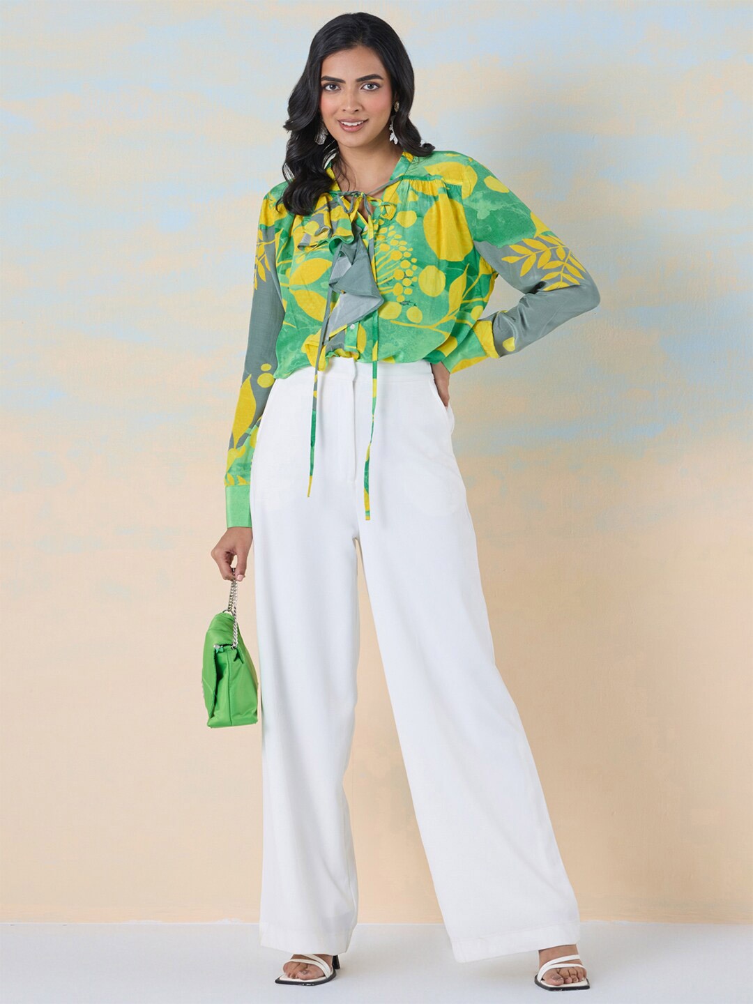 

navyasa by liva Floral Print Tie-Up Neck Ruffles Shirt Style Top, Green