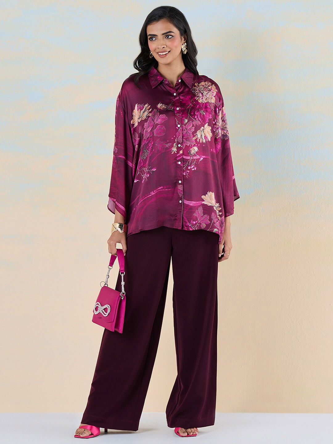 

navyasa by liva Floral Print Kimono Sleeve Shirt Style Top, Maroon