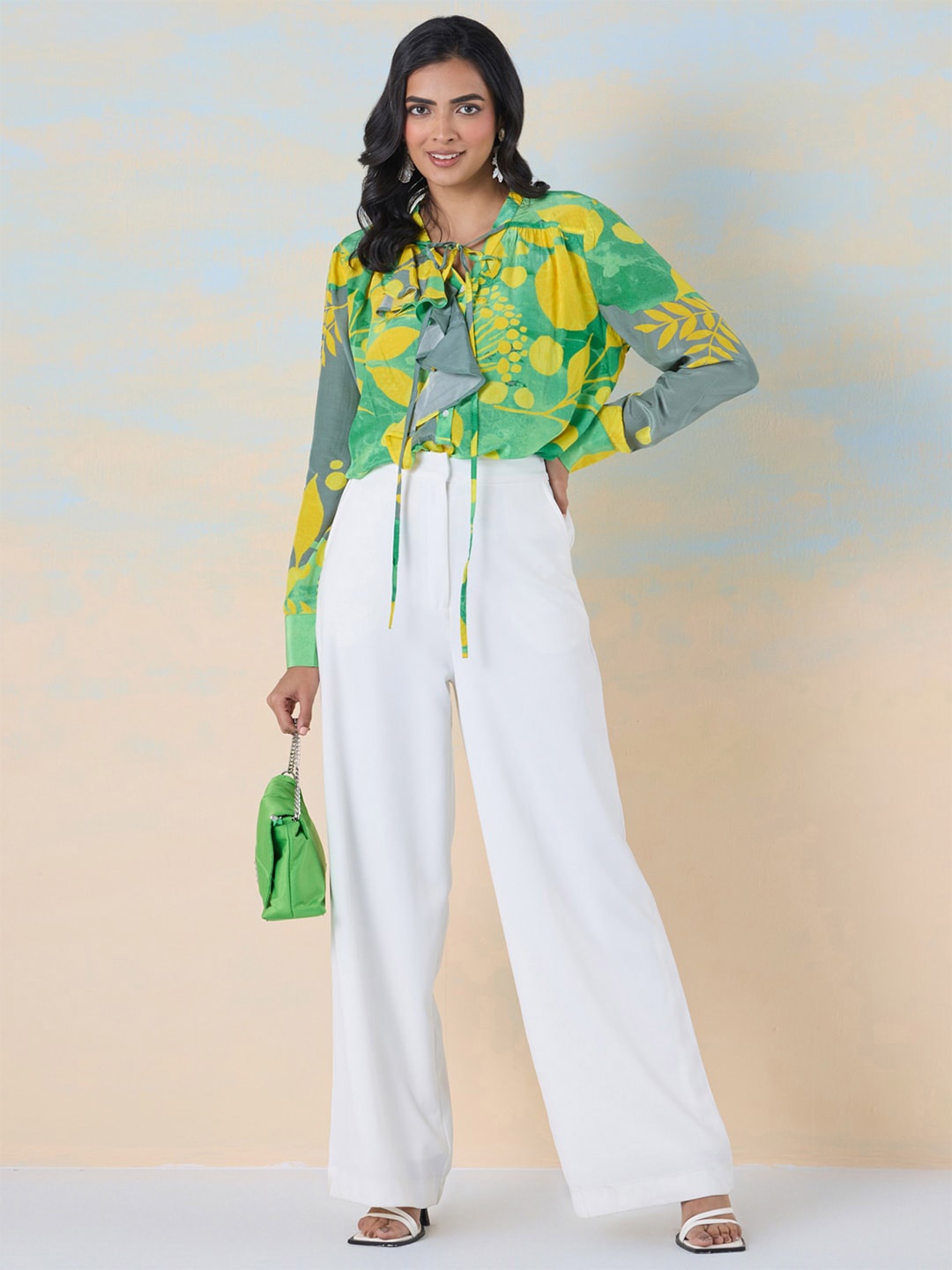 

navyasa by liva Floral Print Tie-Up Neck Shirt Style Top, Green