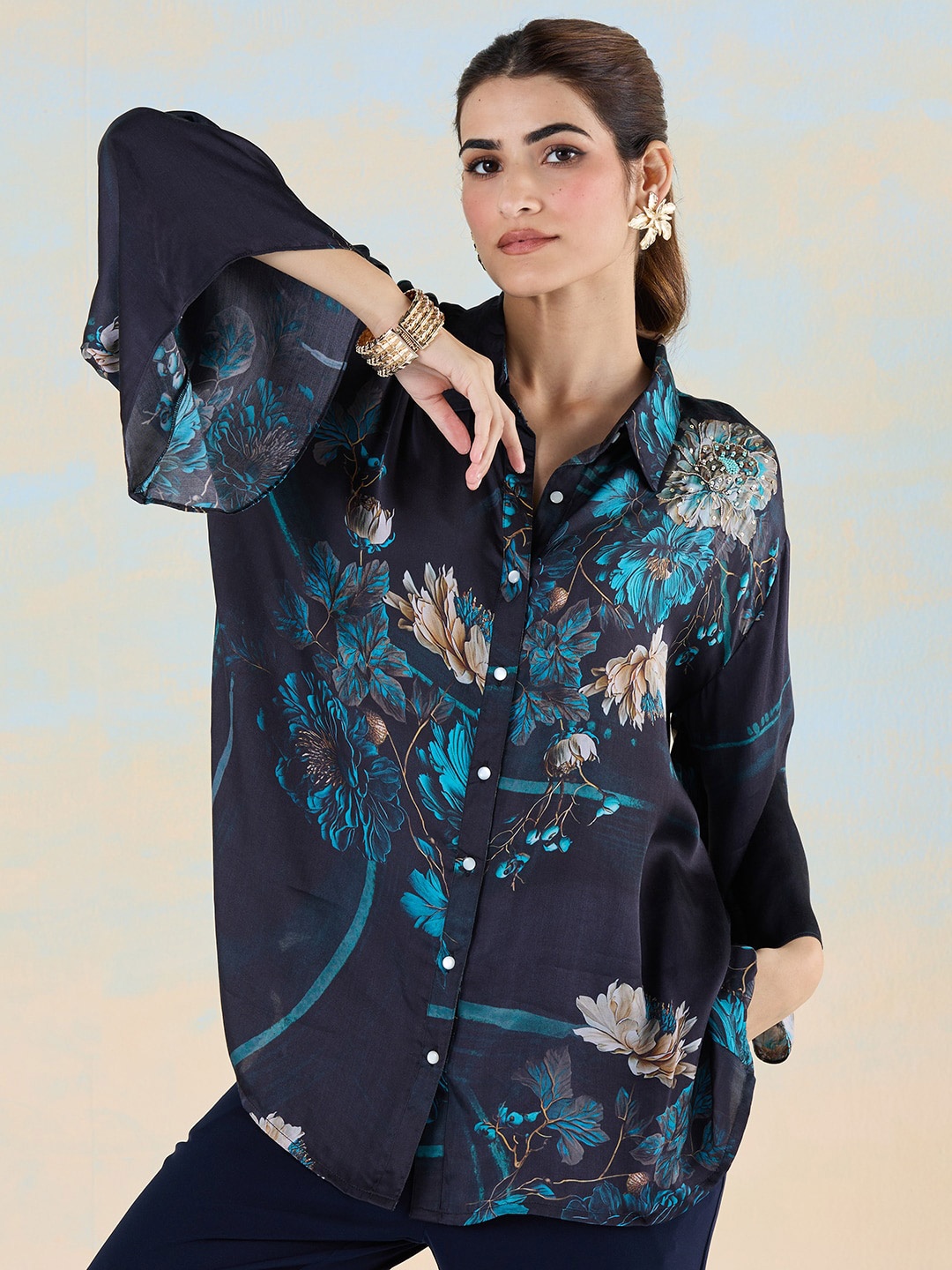 

navyasa by liva Floral Print Flared Sleeves Liva Shirt Style Top, Black