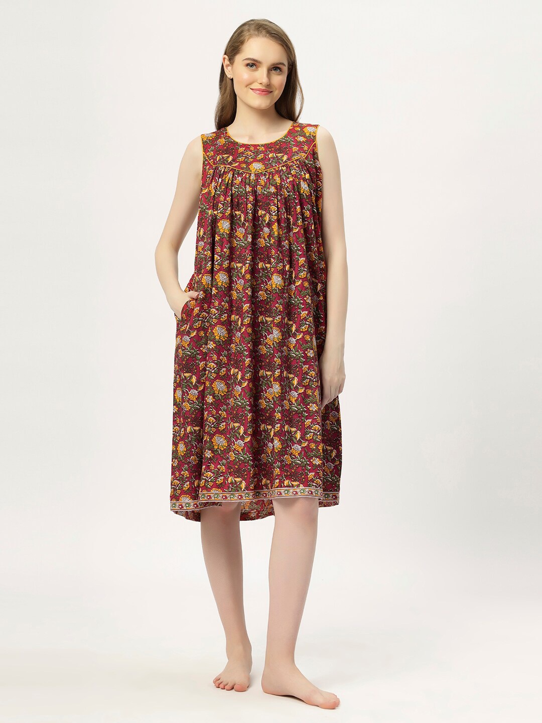 

ETC Floral Printed Round Neck Pure Cotton Nightdress, Pink