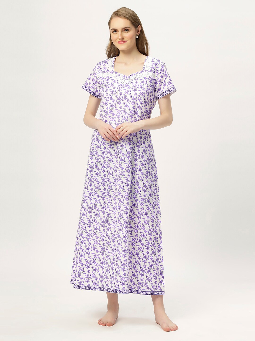 

ETC Floral Printed Square Neck Pure Cotton Maxi Nightdress, Purple