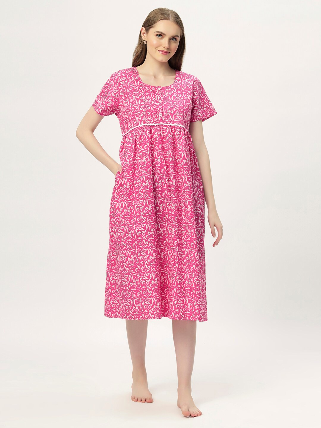 

ETC Floral Printed Round Neck Pure Cotton Nightdress, Pink
