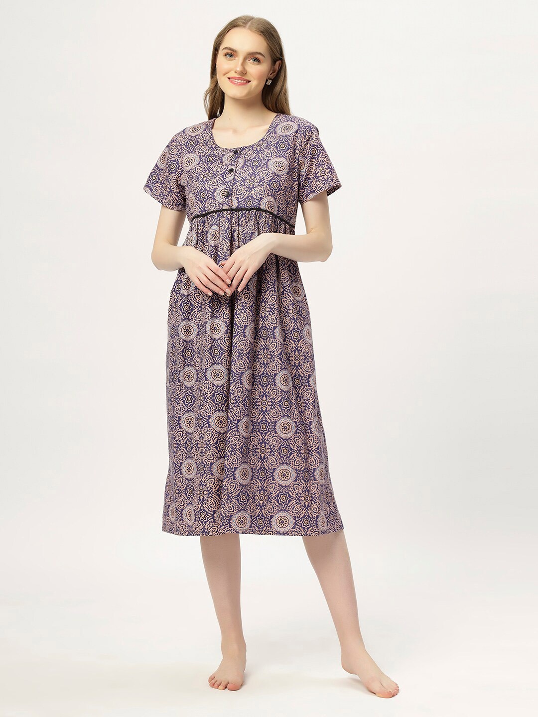 

ETC Floral Printed Round Neck Pure Cotton Nightdress, Blue