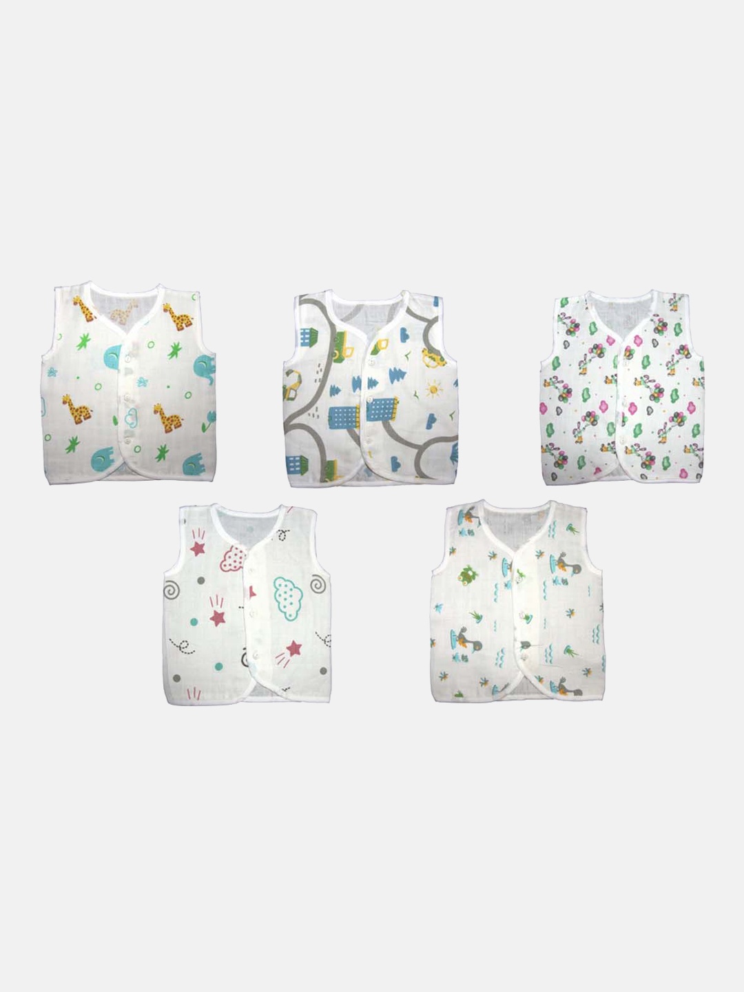 

PINKBUNNY Infants Pack Of 5 Printed Pure Cotton Jhabla PBJH1, White