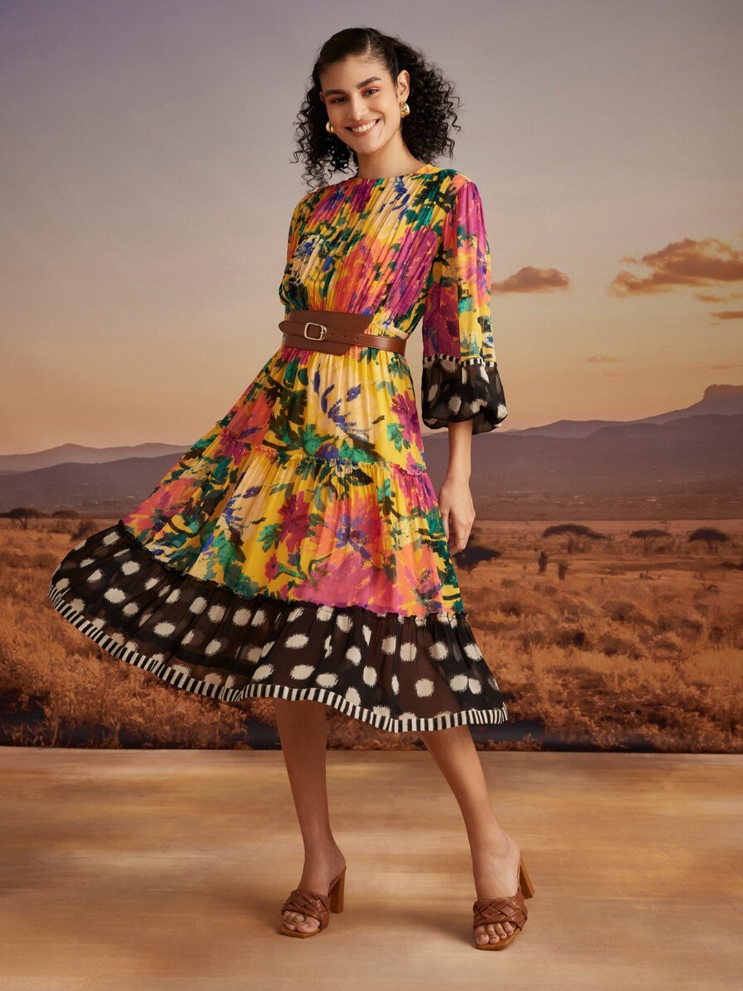 

VERB BY PALLAVI SINGHEE Floral Printed Puff Sleeve Gathered Georgette Tiered A-Line Dress, Mustard