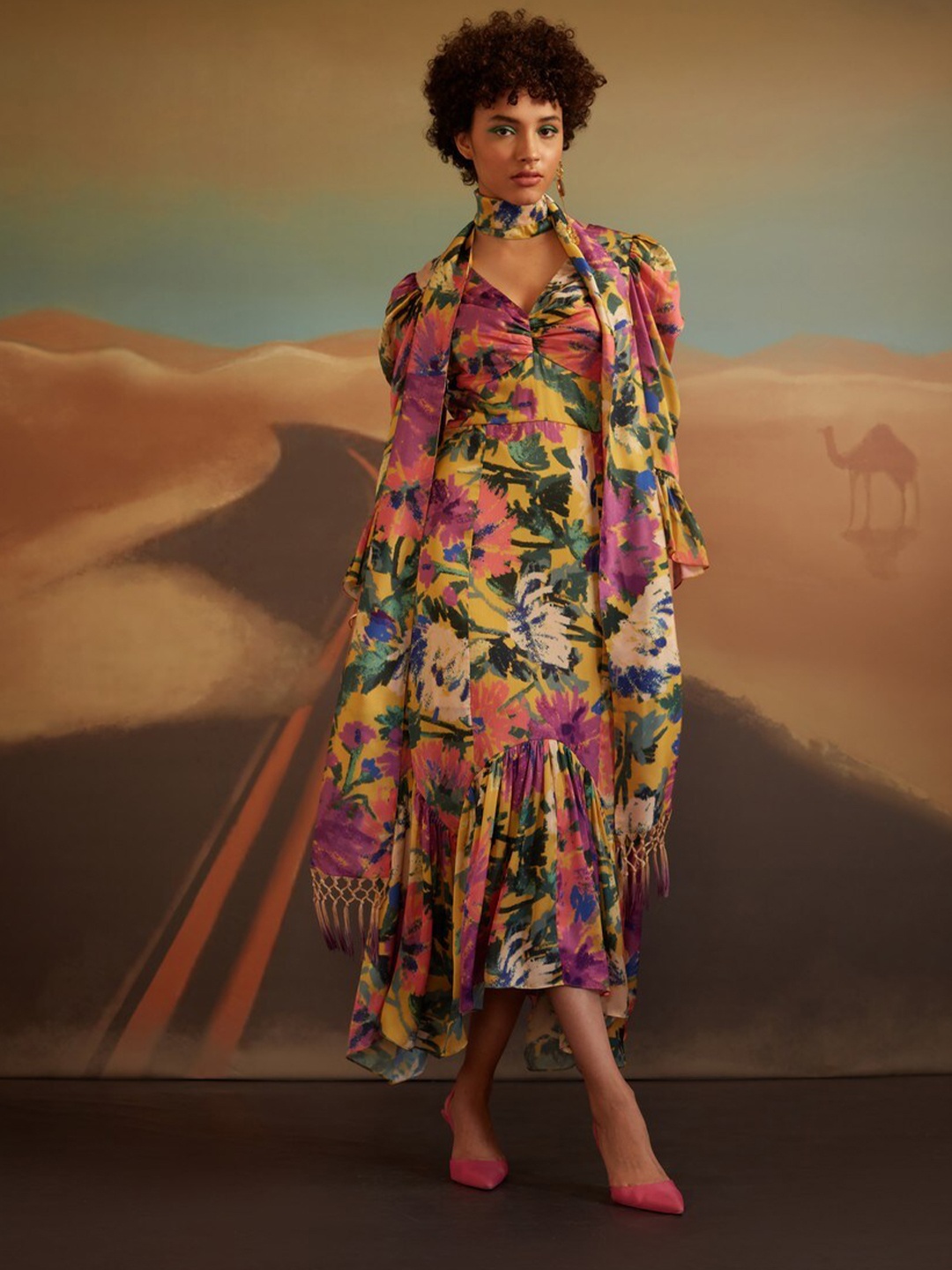 

VERB BY PALLAVI SINGHEE Floral Printed Flutter Sleeve Crepe Maxi Dress, Mustard