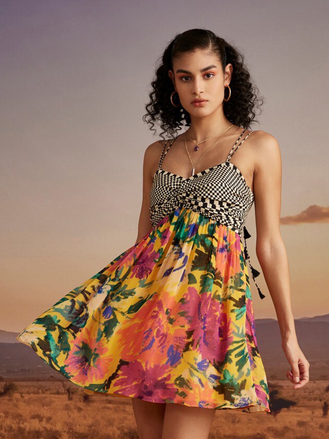 

VERB BY PALLAVI SINGHEE Floral Print Shoulder Strap Cut Out Georgette Fit & Flare Dress, Mustard