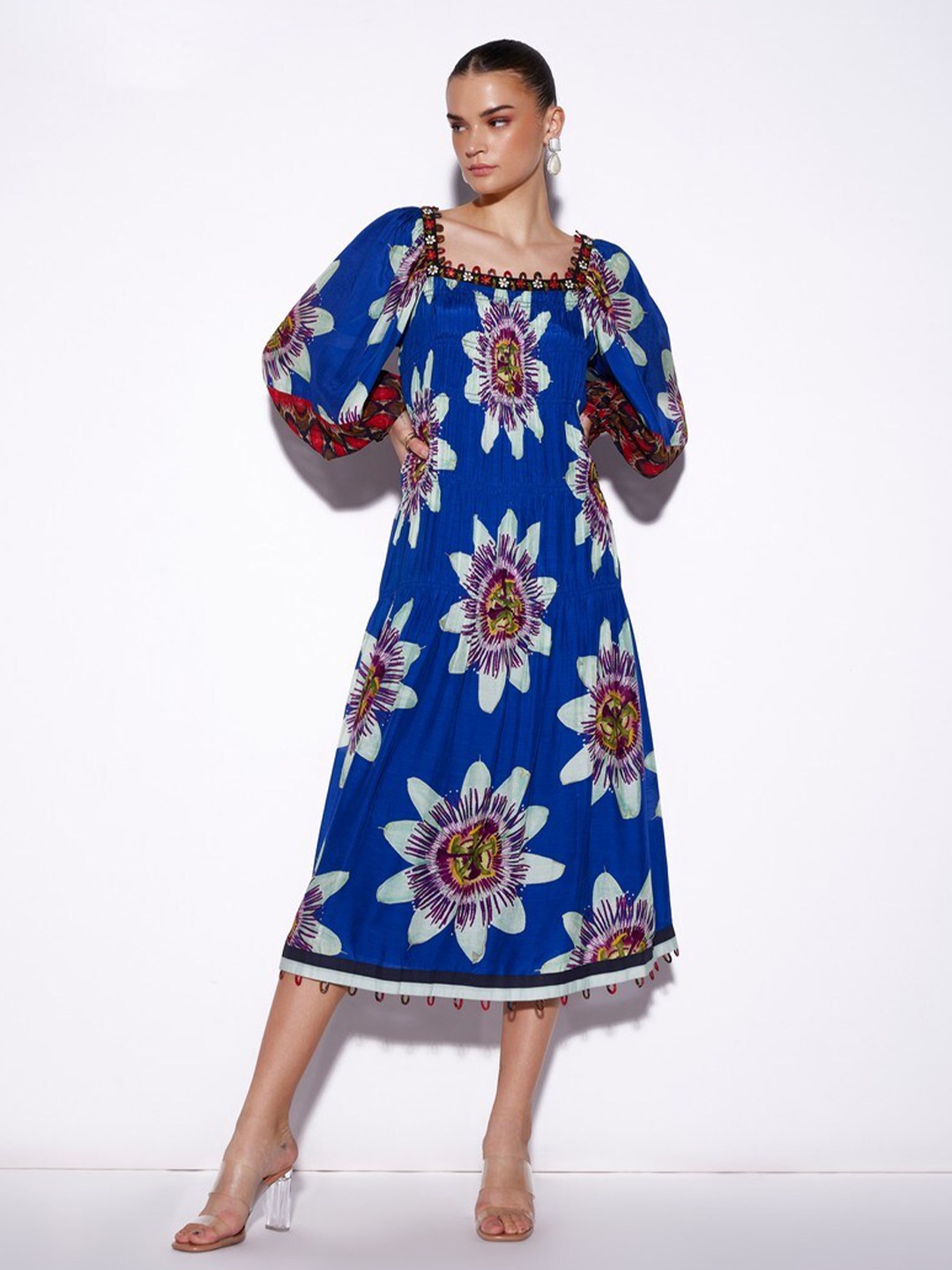 

VERB BY PALLAVI SINGHEE Floral Print Square Neck Cuffed Sleeves Cotton A-Line Midi Dress, Blue