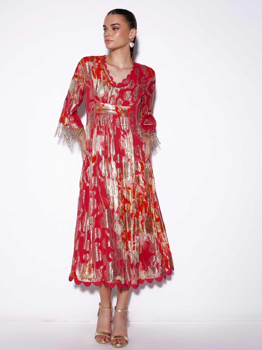 

VERB BY PALLAVI SINGHEE Embellished V-Neck Fringed Georgette A-Line Dress, Red