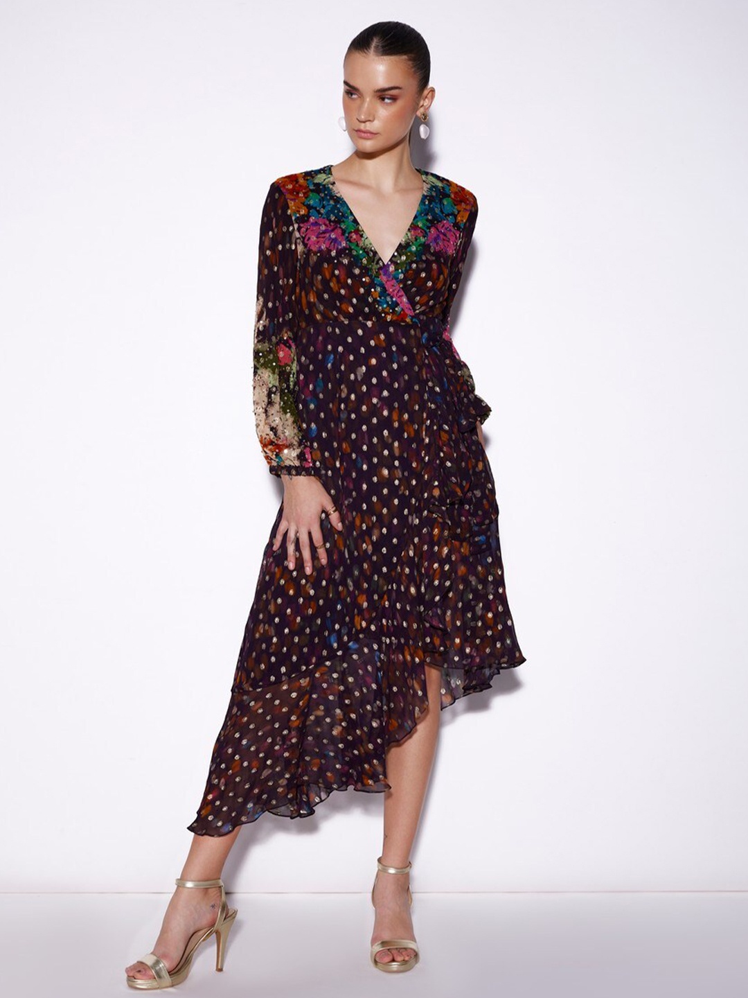 

VERB BY PALLAVI SINGHEE Polka Dots Printed Sequined Georgette Wrap Dress, Black