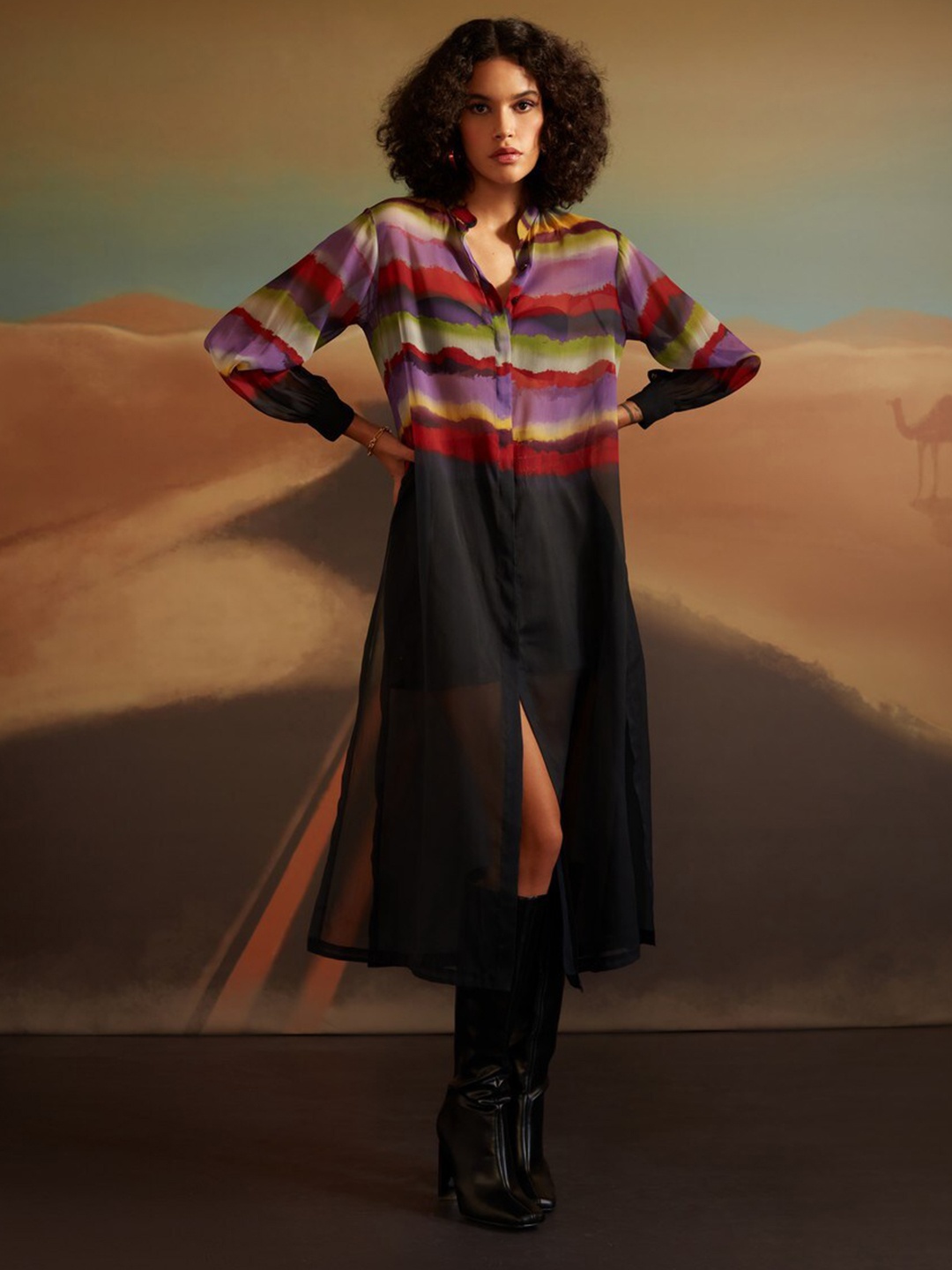 

VERB BY PALLAVI SINGHEE Colourblocked Shirt Collar Cuffed Sleeves A-Line Dress, Black