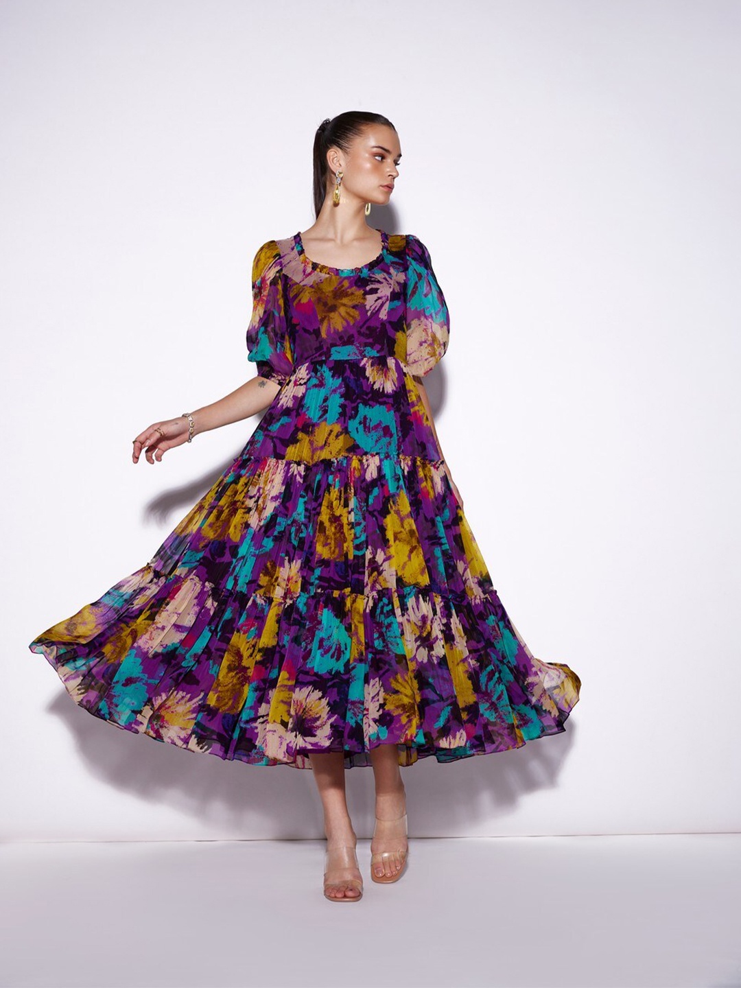 

VERB BY PALLAVI SINGHEE Floral Print Puff Sleeves PLeated Fit & Flare Maxi Dress, Purple