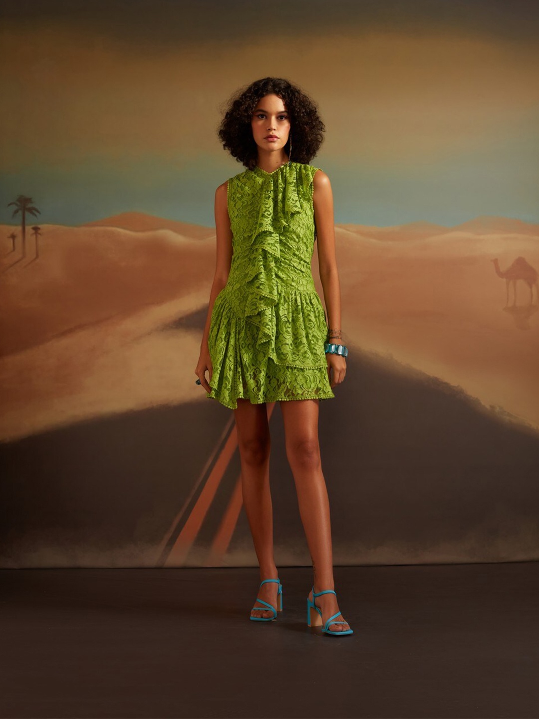 

VERB BY PALLAVI SINGHEE Floral Self Design Ruffled Lace Sheath Mini Dress, Green