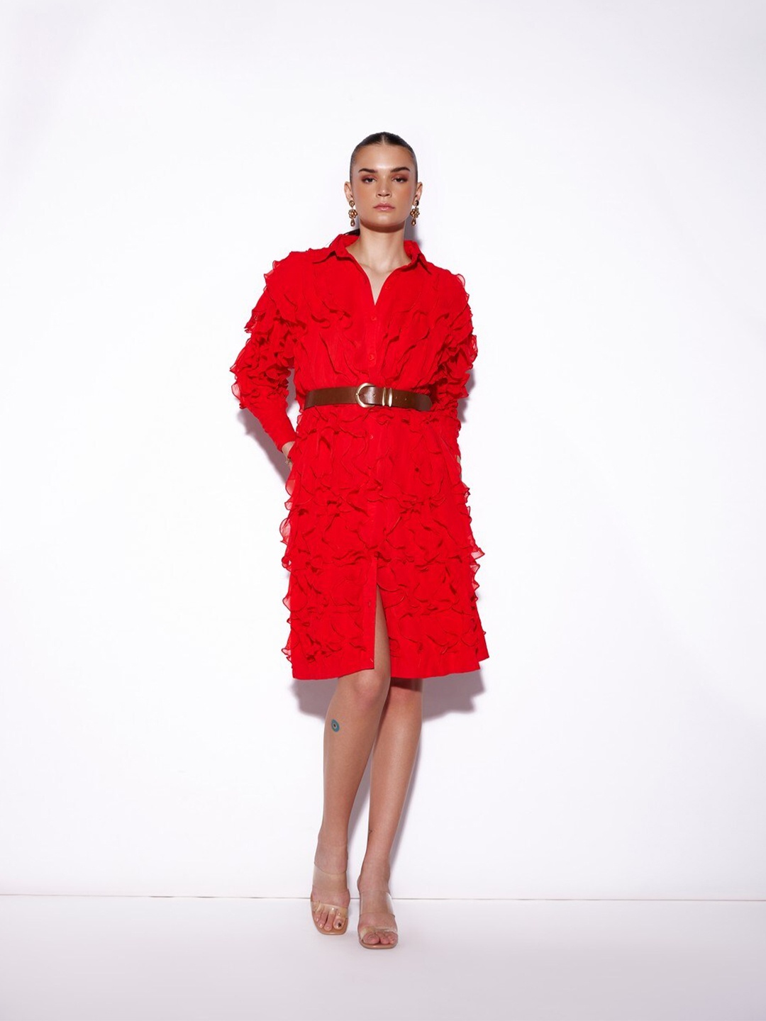 

VERB BY PALLAVI SINGHEE Self Design Shirt Collar Ruffled Georgette Shirt Dress, Red