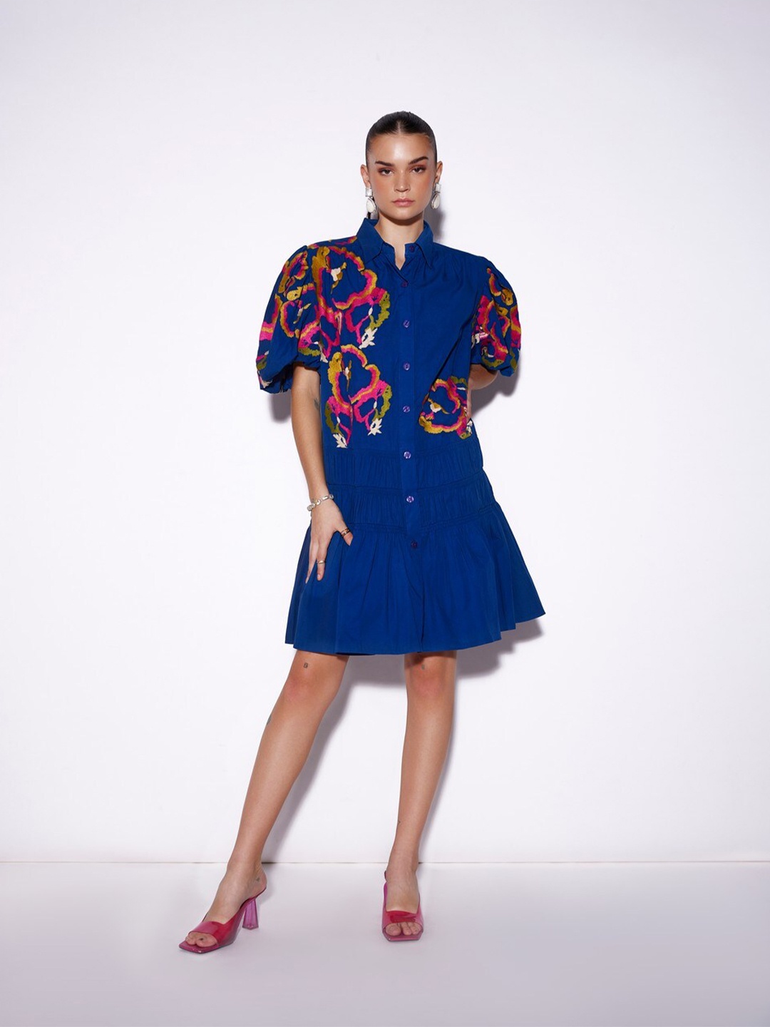 

VERB BY PALLAVI SINGHEE Floral Print Shirt Collar Flared Sleeve Cotton A-Line Dress, Blue