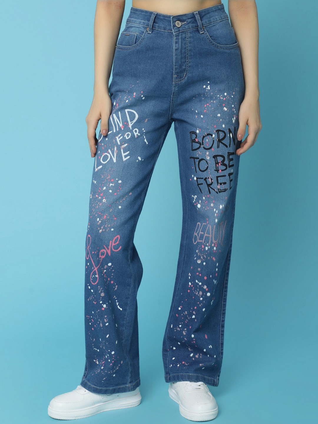 

V-Mart Women High-Rise Heavy Fade Printed Jeans, Blue