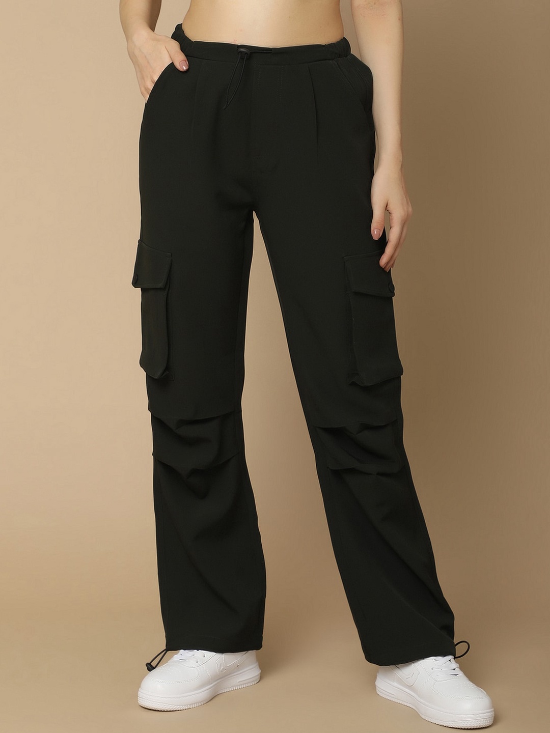 

V-Mart Women Mid-Rise Pleated Cargos Trousers, Green