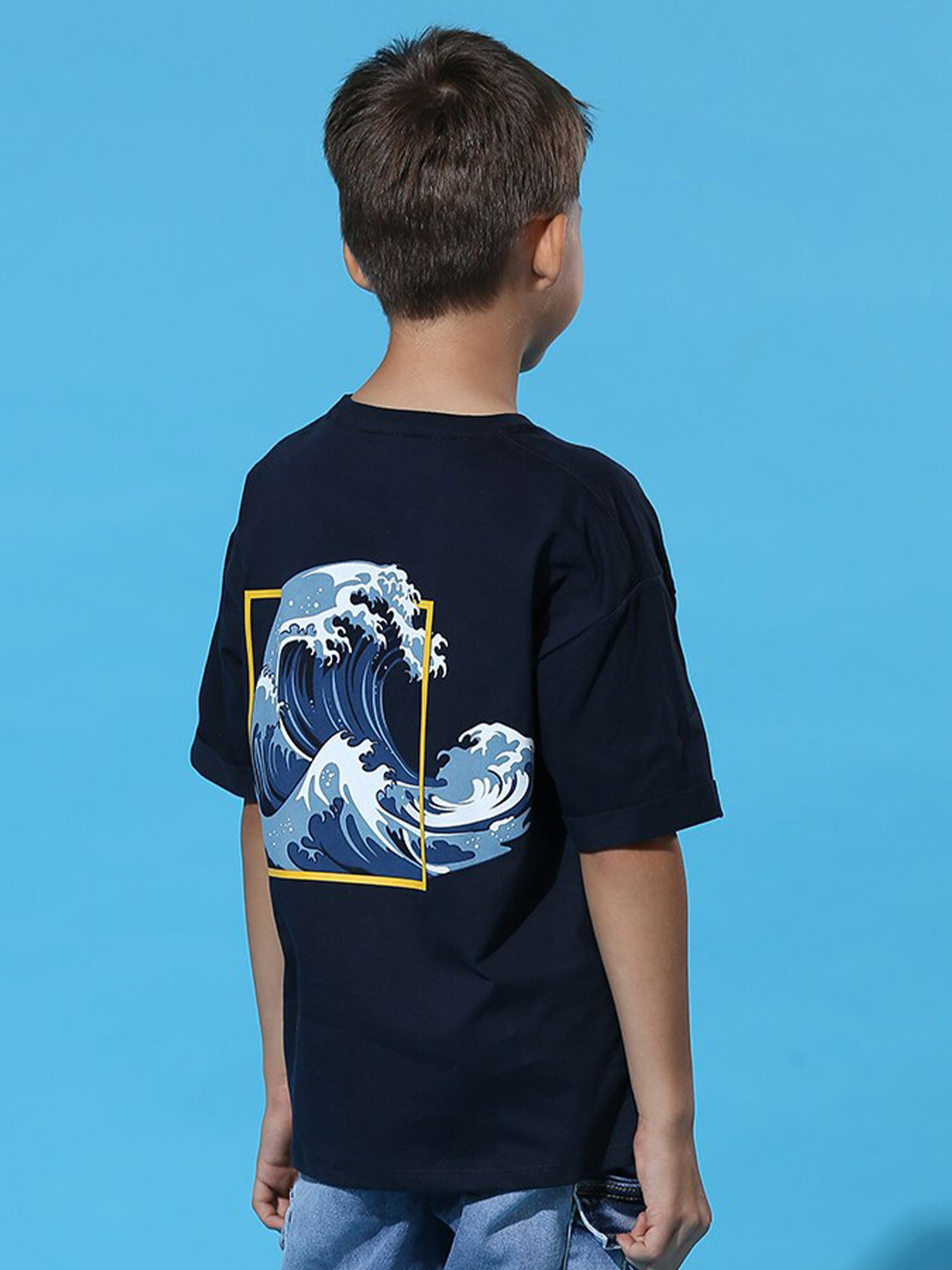 

My Milestones Boys Graphic Printed Drop Shoulder Sleeves Oversized Cotton T-shirt, Navy blue