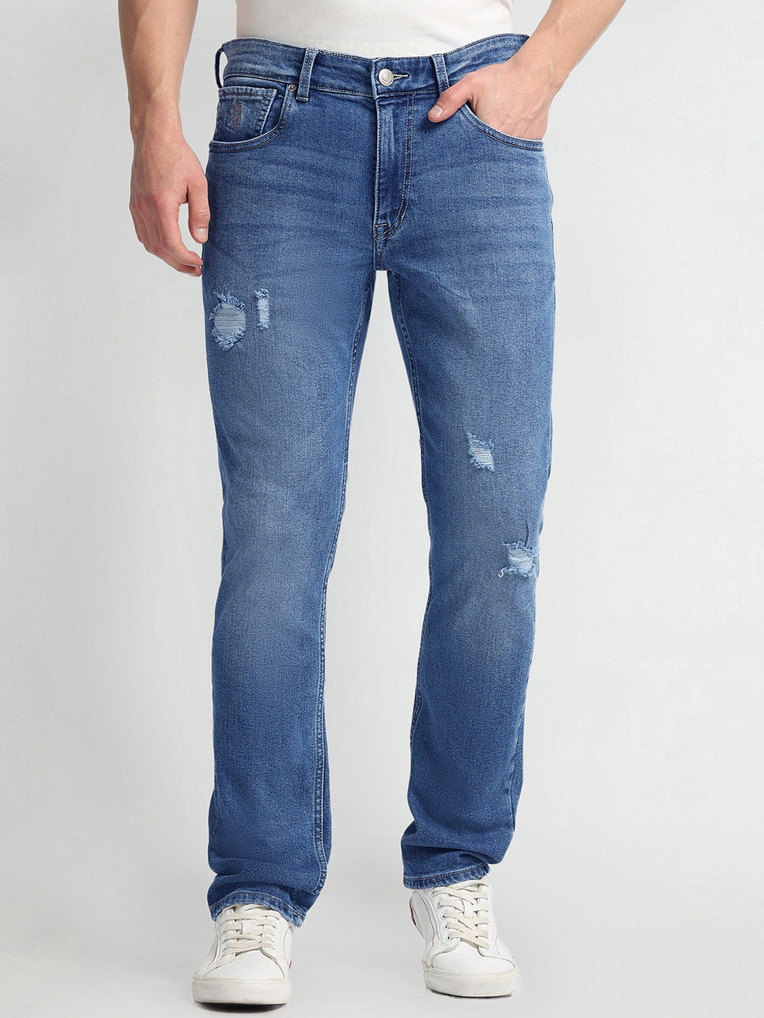

U.S. Polo Assn. Denim Co. Men Slim Fit Mildly Distressed Heavy Fade Stretchable Jeans, Blue