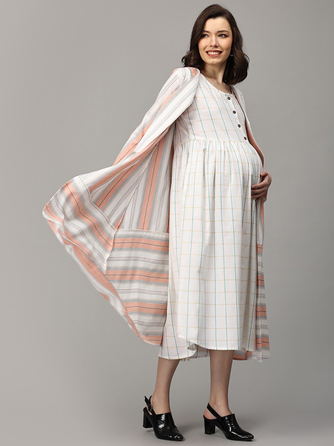 

The Mom Store Checked Cotton A-Line Midi Maternity Dress, White
