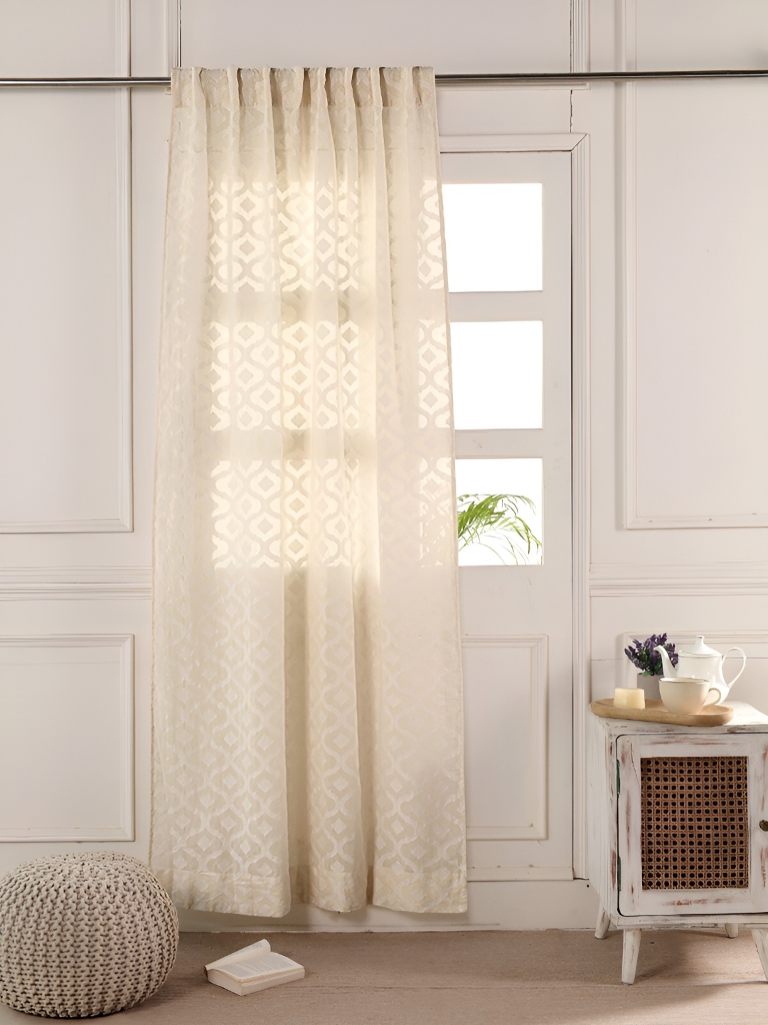 

Peepul Tree Set of 2 Cotton Window Curtain Sheer Self Designed, Beige