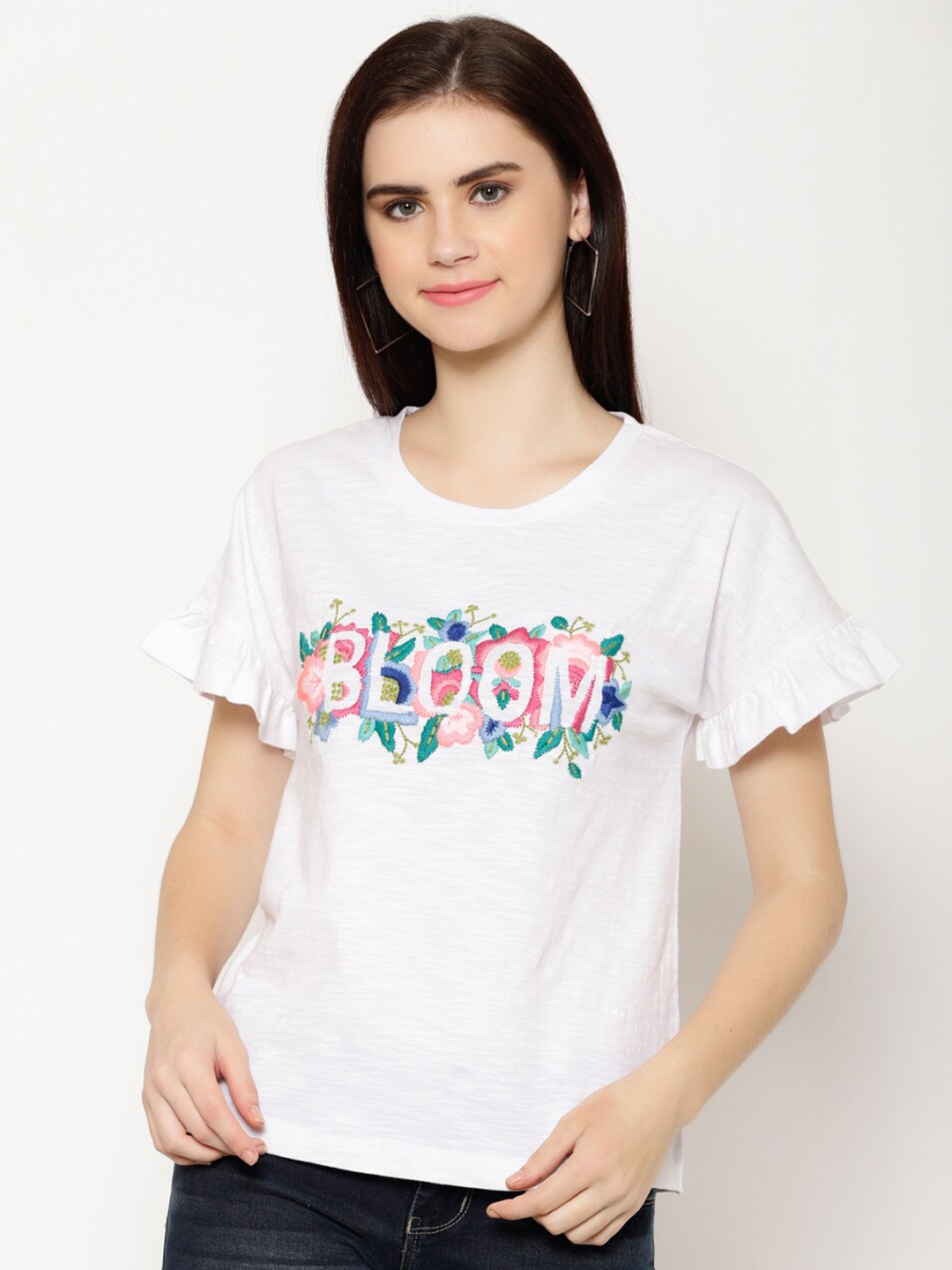 

HOUSE OF KKARMA Typography Embroidered Round Neck Cotton Casual T-shirt, White