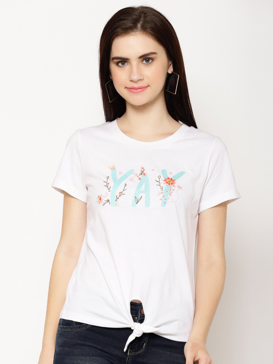 

HOUSE OF KKARMA Typography Printed Round Neck Cotton Casual T-shirt, White