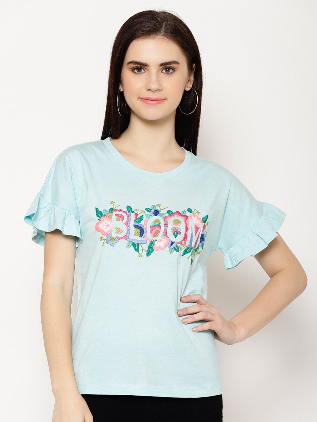 

HOUSE OF KKARMA Typography Embroidered Round Neck Cotton Casual T-shirt, Blue
