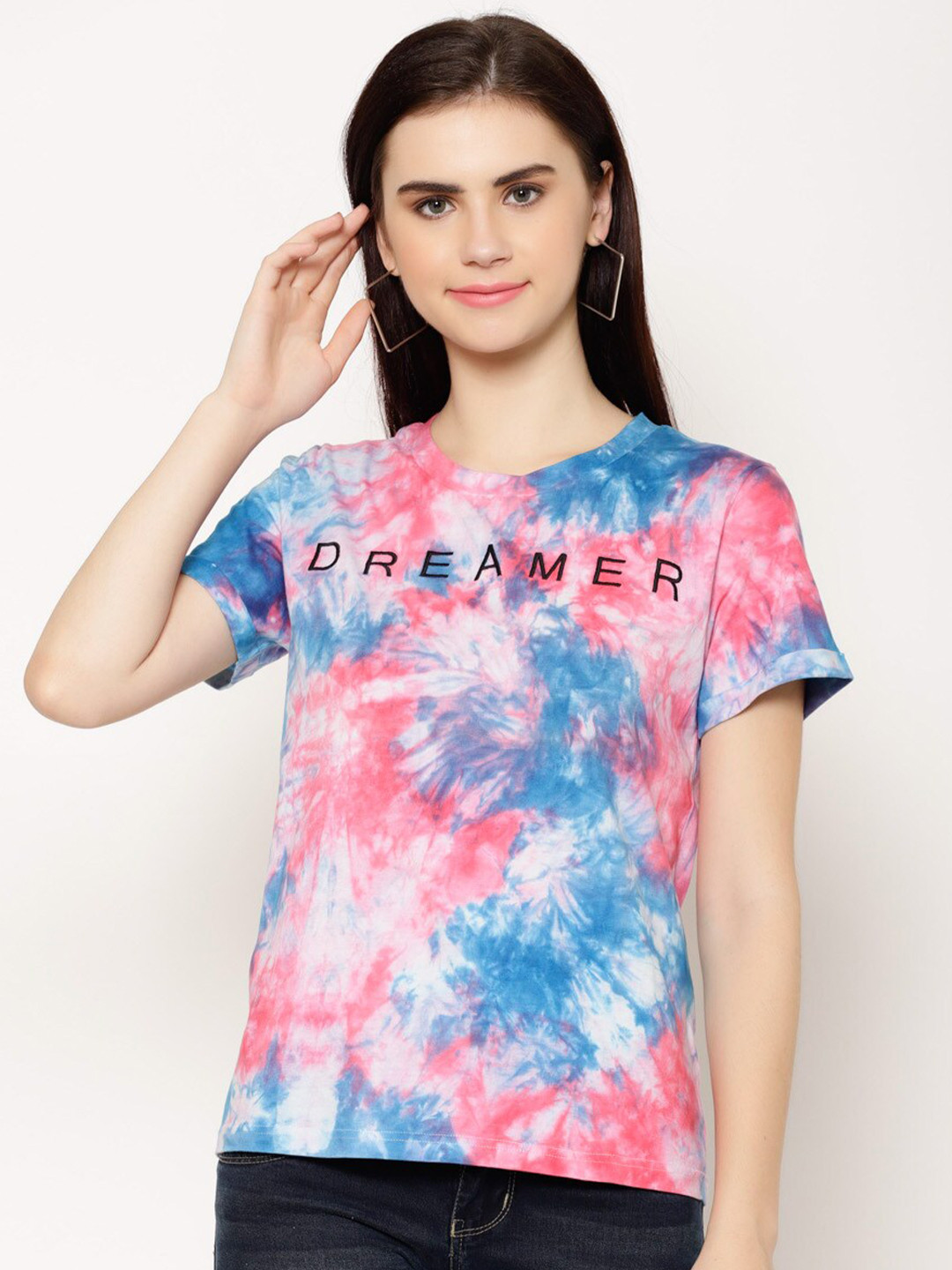 

HOUSE OF KKARMA Tie & Dyed Round Neck Cotton Casual T-shirt, Pink