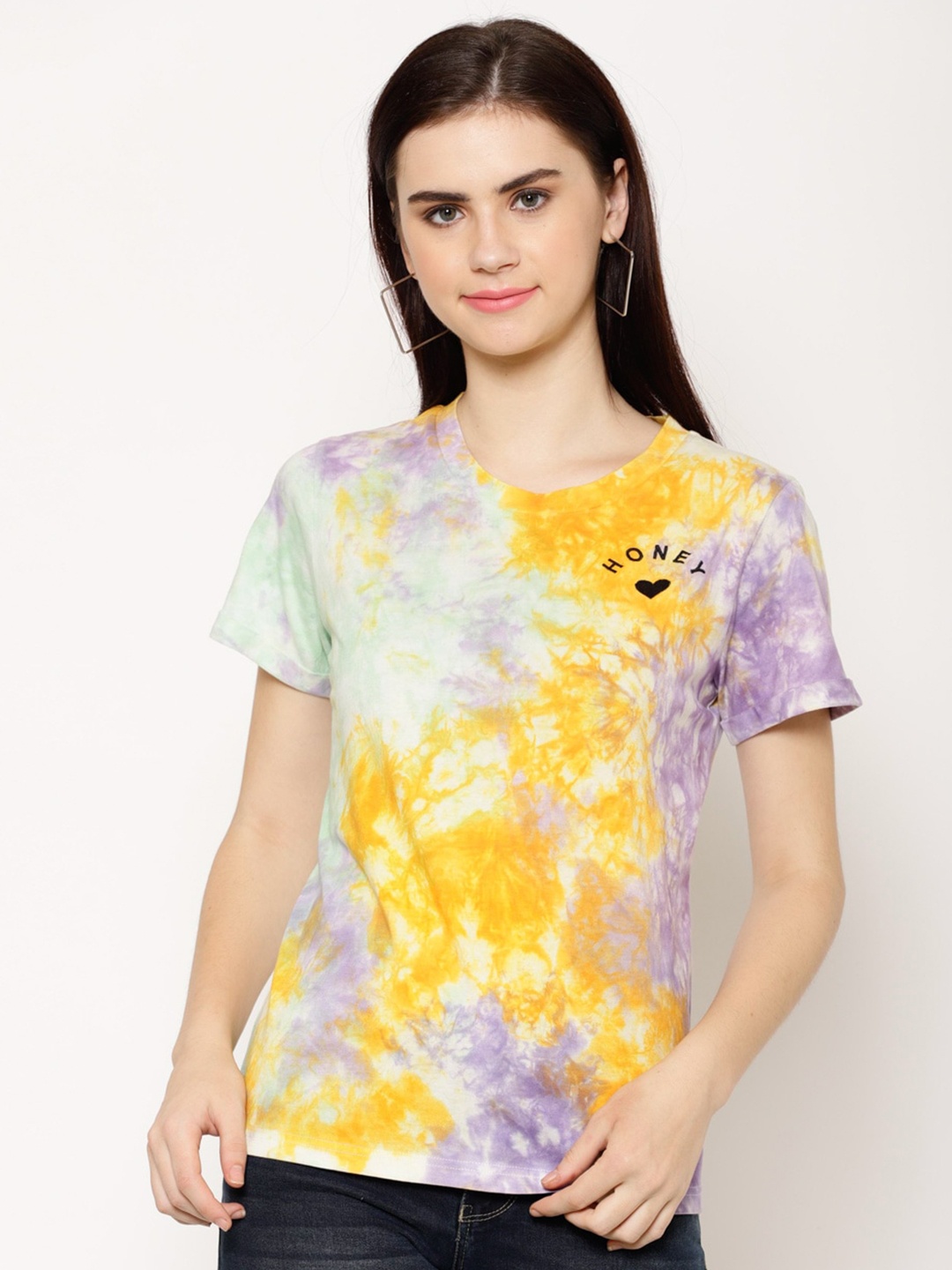 

HOUSE OF KKARMA Tie & Dyed Round Neck Cotton Casual T-shirt, Mustard