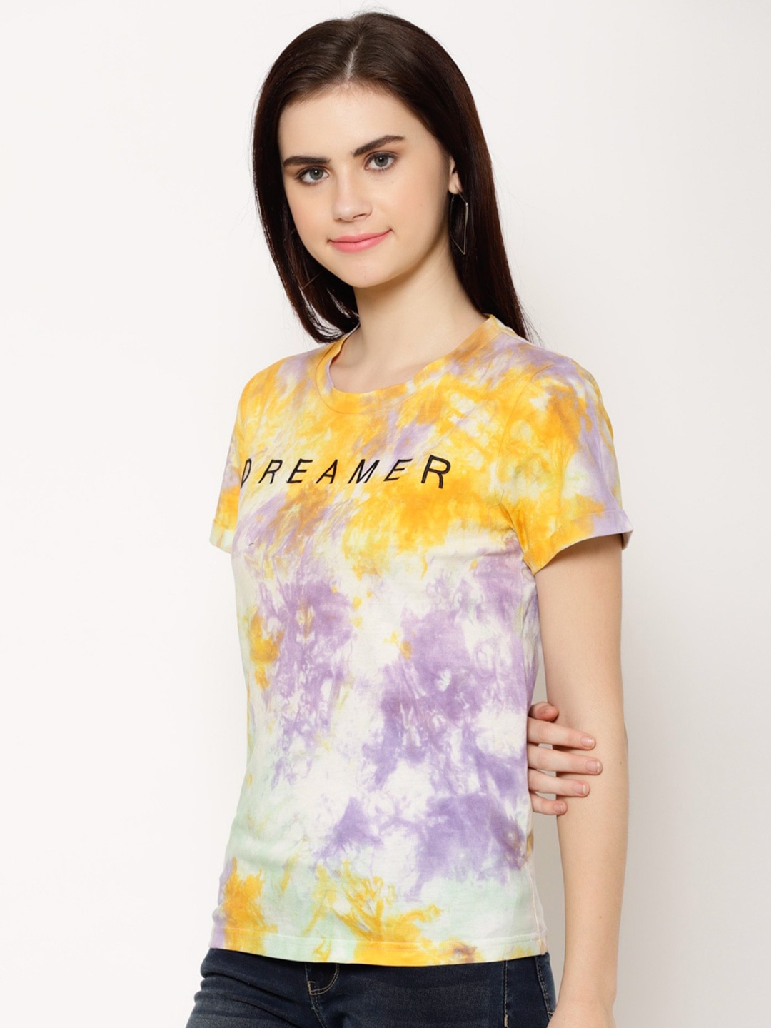 

HOUSE OF KKARMA Tie & Dyed Round Neck Cotton Casual T-shirt, Mustard