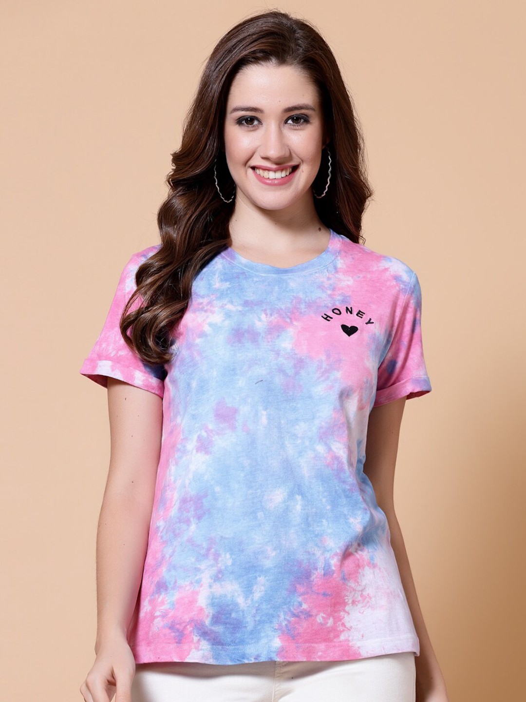 

HOUSE OF KKARMA Tie & Dyed Round Neck Cotton Casual T-shirt, Pink