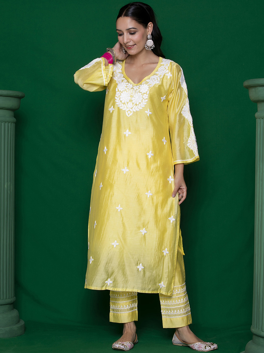 

House of Chikankari Floral Regular Thread Work Chanderi Silk Kurta with Trousers, Yellow