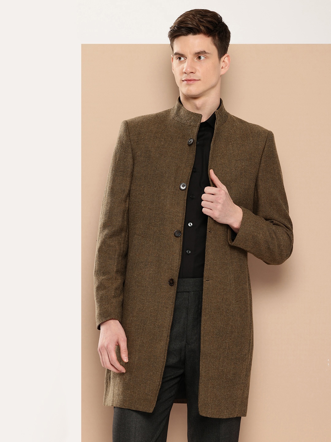 

INVICTUS Mandarin Collar Slim Fit Longline Overcoat, Olive