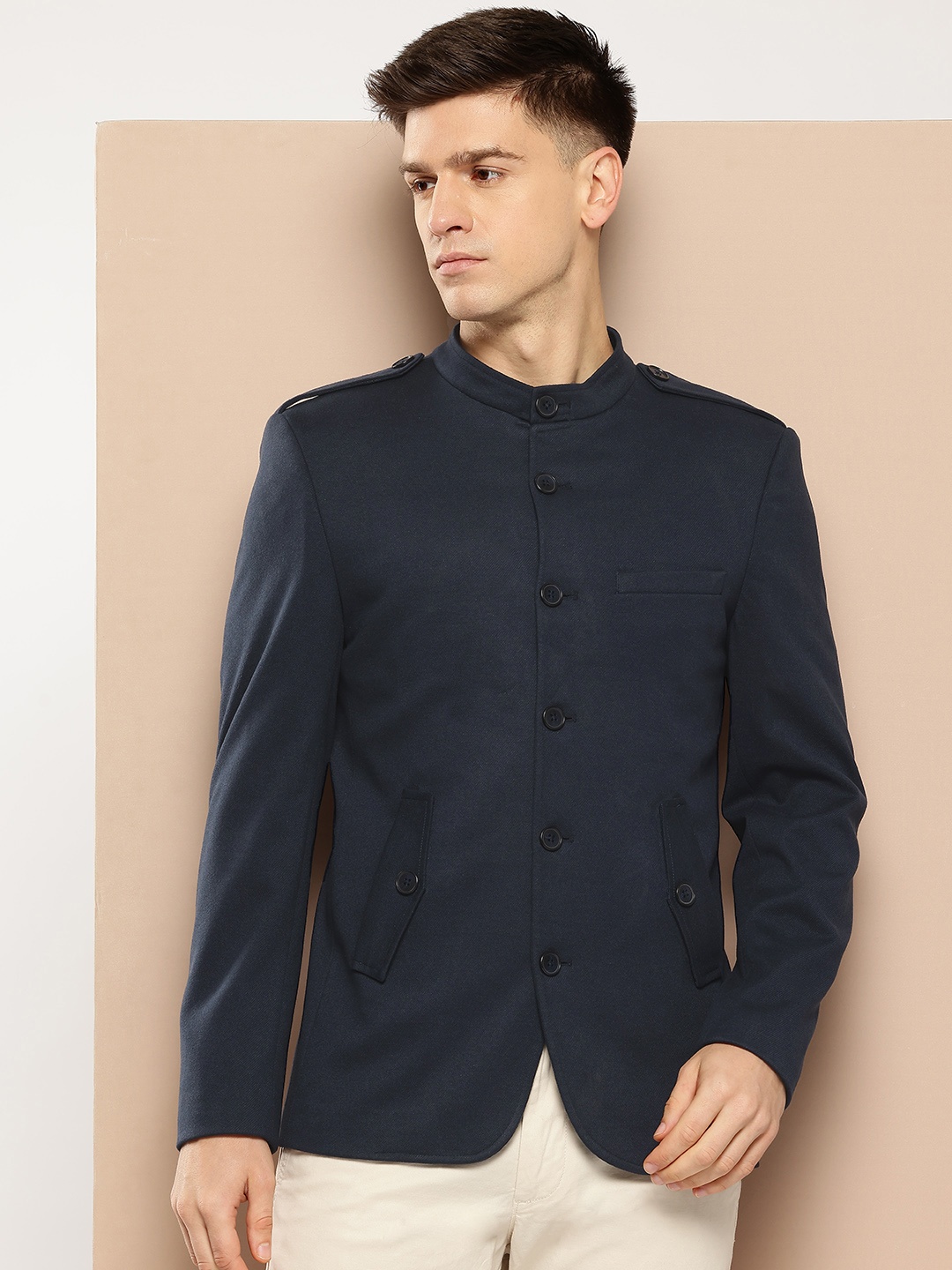 

INVICTUS Mock Collar Regular Fit Overcoat, Navy blue