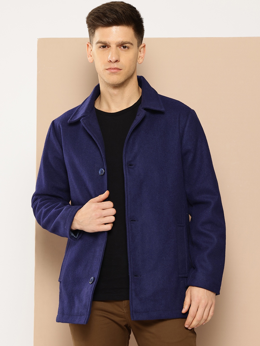 

INVICTUS Spread Collar Regular Fit Overcoat, Navy blue
