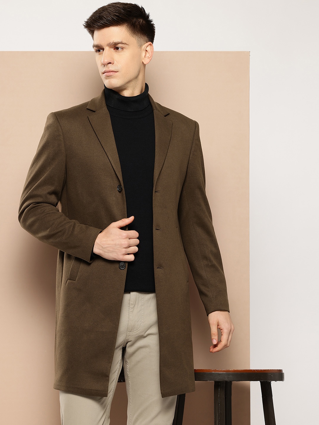 

INVICTUS Notched Lapel Collar Longline Overcoat, Brown