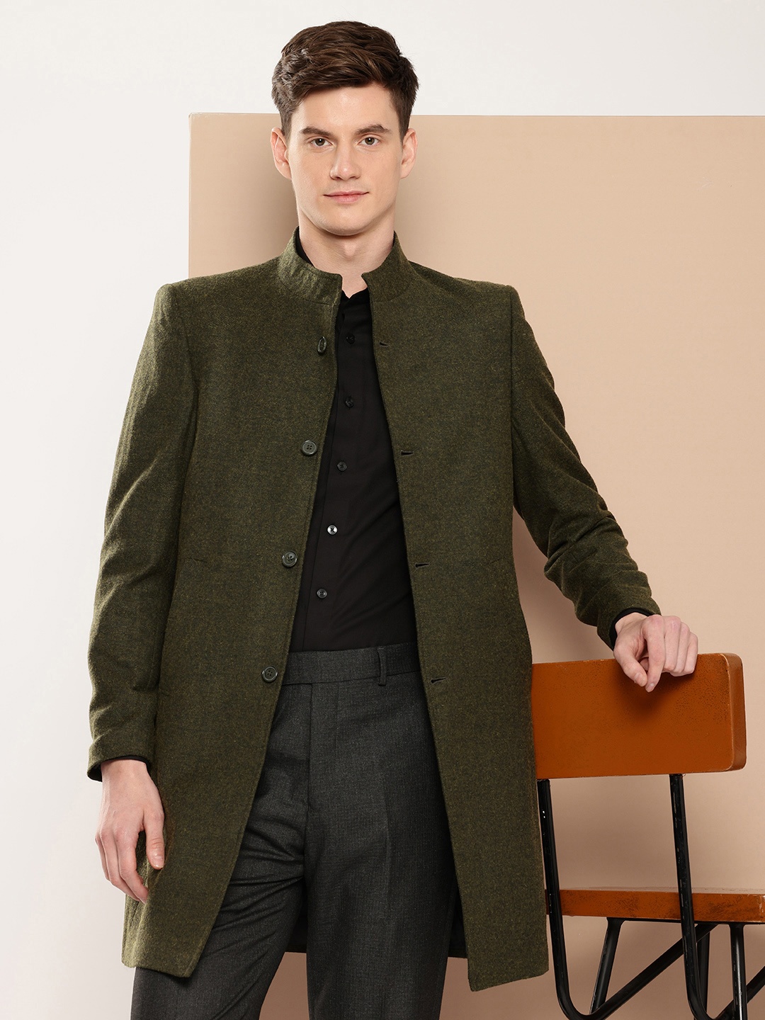 

INVICTUS Mandarin Collar Slim Fit Longline Overcoat, Olive