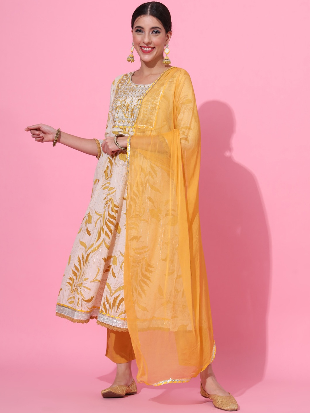 

KALINI Floral Printed Embroidered Thread Work Anarkali Kurta With Trousers & Dupatta, Mustard