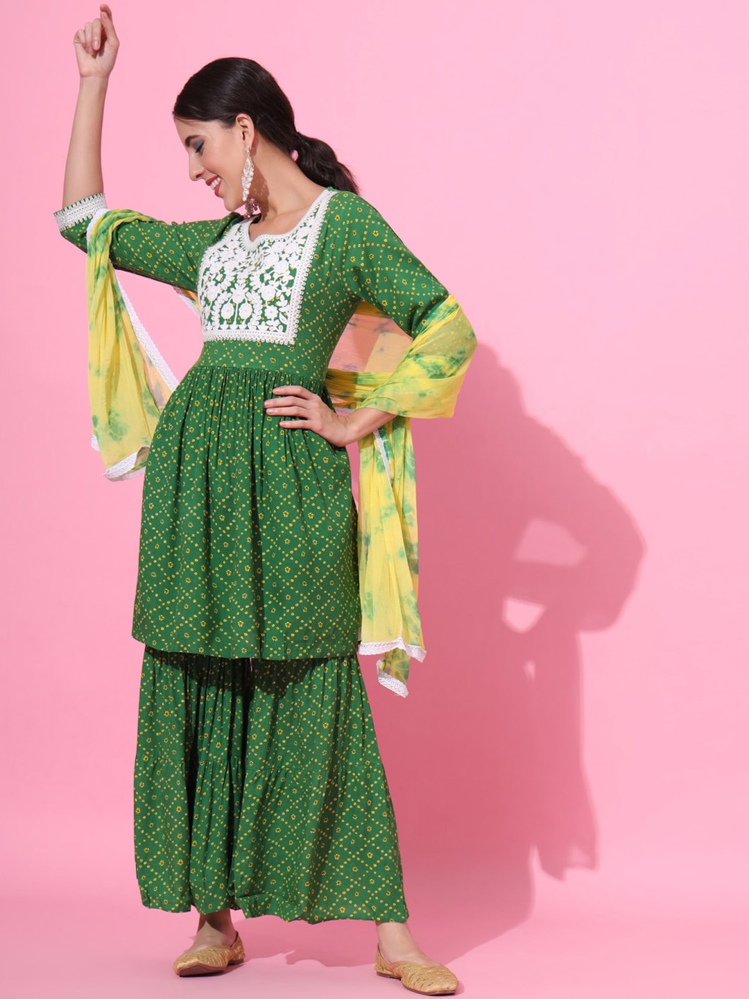 

KALINI Bandhani Printed Empire Thread Work Anarkali Kurta with Sharara & With Dupatta, Green